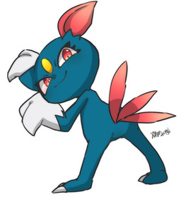3_tails ambiguous_gender blue_body blue_ears claws feral finger_claws looking_at_viewer multi_tail rawr red_ears red_eyes semi-anthro simple_background smile smiling_at_viewer solo standing tail toe_claws yakiniku628 nintendo pokemon generation_2_pokemon pokemon_(species) sneasel