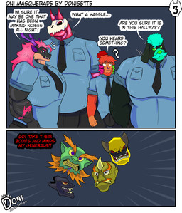accessory anthro crown dark_sclera dialogue facial_piercing group headgear horn male male/male mask musclegut muscular necktie nose_piercing nose_ring piercing ring_piercing security security_guard tattoo text donisette asian_mythology east_asian_mythology jackie_chan_adventures japanese_mythology mythology kiiro_(jackie_chan_adventures) kuro_(jackie_chan_adventures) midori_(jackie_chan_adventures) mosugurin_(jackie_chan_adventures) animate_inanimate canid canine canis demon domestic_dog dragon goo_creature haplorhine mammal monkey mythological_creature mythological_scalie oni poodle primate scalie yokai absurd_res comic english_text hi_res