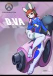 anthro biped breasts brown_eyes brown_hair clothed clothing facial_markings female hair head_markings markings pose sitting skimpy solo stirrup_clothing stirrup_legwear text tight_clothing max_yunlong blizzard_entertainment overwatch d.va_(overwatch) lagomorph leporid mammal rabbit english_text hi_res