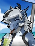 anthro beach beverage drinking female hair horn multi_horn one_eye_closed sand sea sky smoothie solo summer umbrella water white_hair wink auveiss mythology airana_stormrider dragon mythological_creature mythological_scalie scalie 2019 digital_media_(artwork) hi_res signature