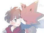 anthro blush duo horn kissing kissing_cheek male male/male red_body scarf mkz_kabeuchi bandai_namco digimon digimon_ghost_game hiro_amanokawa betelgammamon digimon_(species) human mammal scalie 4:3 digital_media_(artwork) digital_painting_(artwork) hi_res