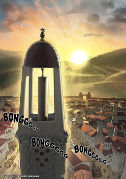 architecture bell building cloud cloudy_sky crowd day detailed_background fantasy greeting group light moon moonlight morning onomatopoeia page_number ring_bell scenery sky sound_effects sunlight sunrise text tower zero_pictured purplebirdman 2024 better_version_at_paywall colored comic detailed digital_drawing_(artwork) digital_media_(artwork) english_text shaded url