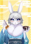 5_fingers abstract_background anthro bangs blue_eyes blush border bowl breasts cheek_tuft chopsticks cleavage clothed clothing container eating eating_food eyebrow_through_hair eyebrows eyelashes facial_tuft female female_anthro fingers food fur grey_body grey_fur grey_hair hair holding_chopsticks holding_object kemono looking_at_viewer mochi pink_nose raised_arms short_hair simple_background solo translucent translucent_hair tuft yellow_background yellow_border mochi0come lagomorph leporid mammal rabbit absurd_res half-length_portrait hi_res portrait signature