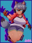 anthro basketball_shorts big_breasts biped bottomwear breasts brown_body brown_fur clothed clothing dolphin_shorts female footwear fur green_eyes grey_hair hair jacket jumping kemono shadow shirt shoes shorts simple_background smile sneakers solo topwear wide_hips arumo brand_new_animal studio_trigger michiru_kagemori canid canine mammal raccoon_dog tanuki 2019 hi_res