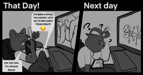5_fingers all-nighter anthro big_bulge bodily_fluids bottomwear bulge chair clothed clothing computer computer_keyboard computer_monitor confusion creating_art dark_body dark_fur desk dialogue drawing_tablet drooling ears_back electronics emoji erection erection_under_clothing fingers fur furniture heart_eyes heart_symbol humor leaning leaning_backward male narrowed_eyes office_chair pants pen pivoted_ears question_mark saliva scratching_head shirt solo speech_bubble spread_legs spreading stick_figure table tablet_pen text the_truth tongue tongue_out topwear g-cat domestic_cat felid feline felis mammal comic english_text monochrome sketch