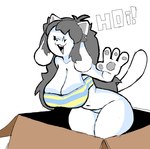 :3 anthro belly bent_legs big_breasts blue_clothing blue_shirt blue_topwear bottomless box breasts cleavage clothed clothing container cute_fangs dialogue fangs female fur gesture greeting greeting_viewer grey_hair hair huge_breasts in_box in_container long_hair long_tail multi_ear navel onomatopoeia open_mouth open_smile partially_clothed pattern_clothing pattern_shirt pattern_topwear shirt shirt_only simple_background sleeveless_shirt slightly_chubby small_waist smile solo sound_effects standing striped_clothing striped_shirt striped_topwear stripes tail talking_to_viewer teeth text text_on_clothing text_on_shirt text_on_topwear thick_tail thick_thighs toony topwear topwear_only translucent translucent_hair waving waving_at_viewer white_background white_body white_fur wide_hips yellow_clothing yellow_shirt yellow_topwear eks-out undertale undertale_(series) temmie_(undertale) canid felid hybrid mammal tem 2023 absurd_res digital_media_(artwork) english_text hi_res