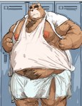 2022 absurd_res anthro bear belly big_belly blush bodily_fluids brown_body bulge hi_res kemono kotobuki locker_room male mammal moobs nipples obese obese_male overweight overweight_male solo sweat towel