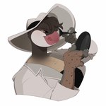 anthro applying_makeup beak black_hair brush clothed clothing female fully_clothed hair hand_mirror hat headgear headwear licking licking_lips makeup mirror personal_grooming smile solo suit tongue tongue_out fenzole_(artist) avian bird 1:1 bust_portrait hi_res portrait