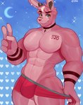 anthro big_pecs bulge cross cross_necklace green_eyes heart_symbol jewelry male moon muscular muscular_anthro muscular_male necklace pecs short smile solo tattoo dionelart lagomorph leporid mammal rabbit hi_res