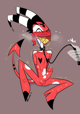 anus blindfold blush blush_lines bodily_fluids collar drooling duo erection genital_fluids heart_symbol horn male markings pointed_tail precum raised_tail red_body saliva sitting spread_legs spreading striped_horn stripes sweat sweatdrop tail rosy_fun hellaverse helluva_boss blitzo_(helluva_boss) demon humanoid imp 2024 digital_drawing_(artwork) digital_media_(artwork) signature