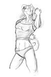 anal anthro black_nose breasts clothed clothing eunuch eyes_closed female hand_behind_back invisible_partner navel shirt simple_background sleeveless_clothing sleeveless_shirt slim small_breasts smile solo tank_top thong topwear underwear white_background kirinrahl canid canine canis domestic_dog mammal 2009 line_art lol_comments monochrome male_(lore)