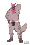 anthro black_sclera body_hair bulge clothing facial_hair facial_tuft hair horn jock jockstrap looking_at_viewer male nipples pink_eyes pink_hair slightly_chubby slightly_chubby_male solo tuft underwear ligoni mythology canid canid_demon canine demon hellhound hyena mammal mythological_canine mythological_creature absurd_res hi_res