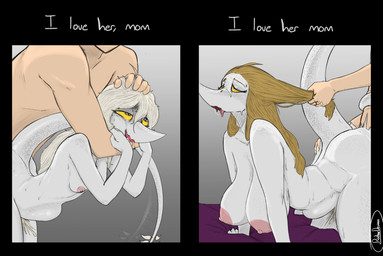 5_fingers abdominal_bulge abstract_background ahegao anthro anthro_penetrated areola arm_around_neck arm_bite bed big_areola big_breasts big_butt bite blonde_hair bodily_fluids breast_size_difference breasts butt butt_grab butt_squish cum cum_in_vagina cum_inside curvy_figure dialogue doggystyle eyelashes faceless_character faceless_human faceless_male female female_on_human female_penetrated fingers freckled_breasts freckled_butt freckled_face freckled_legs freckled_shoulders freckled_tail freckles from_behind_position furniture genital_fluids grey_body grey_scales group hair hair_grab hand_on_butt hourglass_figure huge_areola human_on_anthro human_penetrating human_penetrating_anthro human_penetrating_female interspecies leaking leaking_cum light-skinned_male light_body light_skin long_tail looking_pleasured male male/female male_human/female_anthro male_on_anthro male_penetrating male_penetrating_anthro male_penetrating_female mature_anthro mature_female nipples nude nude_anthro nude_female nude_human nude_male on_bed penetration penile penile_penetration penis_in_vagina scales sex smile snout squish sweat sweatdrop tail tail_motion tail_tuft tailwag teeth text thick_thighs touching_hair trio tuft vaginal vaginal_penetration voluptuous voluptuous_anthro voluptuous_female white_eyes wide_hipped_anthro wide_hipped_female wide_hips yellow_sclera ratherdevious cavemanon_studios snoot_game judee tarja_(snoot_game) dinosaur human mammal prehistoric_species reptile saurischian scalie theropod troodon troodontid 2025 absurd_res artist_name digital_drawing_(artwork) digital_media_(artwork) english_text handwritten_text hi_res watermark daughter_(lore) mother_(lore) mother_and_child_(lore) mother_and_daughter_(lore) parent_(lore) parent_and_child_(lore) parent_and_daughter_(lore)