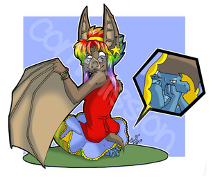 alternative_fashion anthro bottomwear breasts clothing duo extreme_size_difference eyewear female glamfur glasses hair horn larger_female male membrane_(anatomy) membranous_wings micro multicolored_hair rainbow rainbow_hair sat_on sitting size_difference skirt smaller_male sparklefur tail wings introducingemy mythology hida introducingemy_(character) bat dragon mammal mythological_creature mythological_scalie scalie source_request watermark