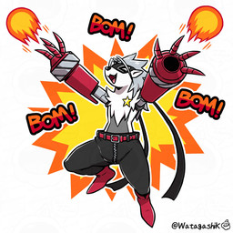 ambiguous_gender anthro arm_cannon belt boots bottomwear chest_tuft clothed clothing cybernetics eyes_closed fire fireball footwear machine mask mechanical_arm pants sheriff_badge shoes shooting simple_background smile solo sound_effects topless tuft white_background watagashikn bandai_namco digimon digimon_beatbreak cyborg digimon_(species) wolvermon 1:1 absurd_res hi_res