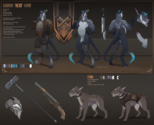 4_toes 5_fingers angry anthro armor backsack balls bayonet beard belly belt belt_buckle blue_eyes blue_hair boots bottomwear buckle cheek_tuft close-up clothing collar color_swatch facial_hair facial_tuft fangs feet feral fingers footwear front_view genitals glans gun hair hammer harness headgear helmet holding_object holding_weapon humanoid_genitalia humanoid_penis jacket knife knight leather leather_clothing leather_jacket leather_topwear long_tail male musclegut muscular muscular_anthro muscular_male notched_ear nude pants pecs penis prothesis pubes ranged_weapon rear_view scar shoes shotgun showing_teeth smile solo standing tail tail_tuft teeth text toes tools topwear tuft vein veiny_penis warrior weapon mindmachine ghorah_(hexo)_khar acrador canid canine canis jackal mammal 2025 colored digital_drawing_(artwork) digital_media_(artwork) english_text hi_res model_sheet portrait