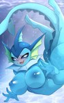 2023 absurd_res anthro areola ashraely big_breasts biped blue_areola blue_body blue_nipples blue_sclera blush breasts eeveelution fangs female fin generation_1_pokemon glistening glistening_body hi_res looking_at_viewer nintendo nipples open_mouth pokemon pokemon_(species) smile smiling_at_viewer solo teeth underwater vaporeon water wet