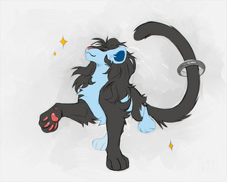 ambiguous_gender black_body black_fur black_hair black_tail chest_tuft eyes_closed feral feral_with_hair fur hair long_hair long_tail pawpads pink_nose pink_pawpads round_ears simple_background solo tail tuft walking azzai nintendo pokemon fan_character generation_4_pokemon luxray pokemon_(species) 5:4 colored colored_sketch digital_drawing_(artwork) digital_media_(artwork) flat_colors sketch