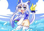 anthro blue_eyes blue_hair blush bottomless clitoris clothed clothing female fur genitals hair no_underwear open_mouth pussy sea solo standing tan_body tan_fur water young young_anthro vio023 domestic_cat felid feline felis mammal hi_res