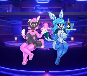 alcohol anthro areola beverage big_breasts big_butt blue_clothing blue_eyes blue_hair blue_legwear blue_sclera blue_stockings bow_tie breasts butt champagne clothing condom duo fake_ears fake_rabbit_ears feet female glass hair legwear looking_at_viewer nightclub nipple_tape nipples open_mouth pasties penetrable_sex_toy pink_areola pink_hair pink_nipples pink_stockings sex_toy sexual_barrier_device sitting smile stockings tape thick_thighs vibrator wide_hips afc mintyspirit nintendo pokemon annyglaceon_(mintyspirit) fan_character zabrina_(afc) eeveelution generation_4_pokemon generation_5_pokemon glaceon pokemon_(species) zorua 2022 absurd_res digital_media_(artwork) hi_res
