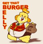 anthro belly big_belly burger chubby_cheeks clothing fast_food female food food_bag obese obese_female overweight overweight_anthro overweight_female solo text thick_thighs weight_gain fawxen animal_crossing nintendo isabelle_(animal_crossing) canid canine canis domestic_dog mammal shih_tzu toy_dog hi_res