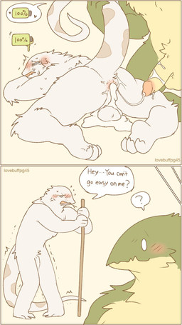 after_anal after_sex angry anthro balls before_and_after blue_eyes blush bodily_fluids cross-popping_vein cum cum_from_ass cum_in_ass cum_inside cum_on_balls cum_string dialogue duo ejaculation fur genital_fluids genitals grey_body grey_fur holding_tail humanoid_genitalia humanoid_penis jagged_mouth leaking_cum male male/male markings oblivious penis question_mark shaking speech_bubble spots spotted_body spotted_fur tail tears text tremble_lines trembling two_row_layout walking_stick white_body white_fur yellow_body yellow_fur lovebuffpg45 furred_scalie scalie artist_name comic digital_drawing_(artwork) digital_media_(artwork) english_text hi_res pictographics