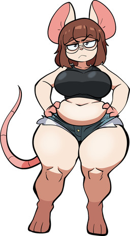 anthro bangs belly big_breasts big_ears bottomwear breasts brown_hair clothing daisy_dukes denim denim_bottomwear denim_clothing denim_shorts eyewear female frown glasses hair hands_on_hips hotpants looking_at_viewer nerd shorts shortstack slightly_chubby slightly_chubby_anthro slightly_chubby_female solo thick_thighs wearing_glasses wide_hips apsel_bluestar mandy_(apsel_bluestar) mammal mouse murid murine rodent hi_res