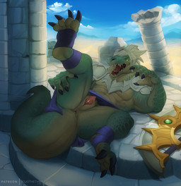 animal_genitalia anus armor breastplate classical_architecture cloud feet foot_wraps genital_slit genitals green_body green_scales headgear helmet lying male mountain on_back open_mouth outside penis penis_tip ruins sand scales sky soles solo tail text weapon wraps yellow_eyes conditional_dnp tojo_the_thief league_of_legends riot_games tencent renekton crocodile crocodilian reptile scalie 2021 artist_name hi_res