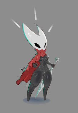 anthro black_body black_eyes bodily_fluids bottom_heavy breasts cloak cloak_only clothing empty_eyes featureless_feet feet female genital_fluids genitals grey_background holding_object holding_weapon navel nipples non-mammal_breasts non-mammal_navel non-mammal_nipples non-mammal_vulva nude red_cloak red_clothing shortstack simple_background small_breasts solo thick_thighs vaginal_fluids vulva weapon white_body wide_hips toospookzy hollow_knight_(franchise) team_cherry hornet_(hollow_knight) arthropod insect absurd_res hi_res