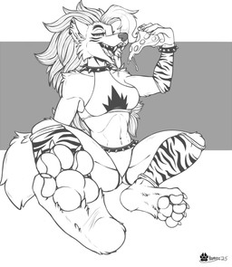 4_toes anthro barefoot bodily_fluids bottomwear bracelet breasts claws clothing collar drooling ear_piercing fangs feet female food foot_focus fur hair holding_food holding_object holding_pizza jewelry leg_warmers legwear looking_at_viewer medium_breasts narrowed_eyes navel open_mouth pawpads paws piercing pizza pizza_slice plantigrade plantigrade_pawpads saliva saliva_on_tongue saliva_string sitting solo spiked_bracelet spiked_collar spikes spread_legs spreading tail teeth toe_claws toes tongue topwear marcushunter five_nights_at_freddy's five_nights_at_freddy's:_security_breach scottgames steel_wool_studios roxanne_wolf canid canine canis mammal wolf 2025 hi_res monochrome signature