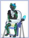 anthro bib biped bodily_fluids clothed clothing diaper dipstick_tail fur genital_fluids hair high_chair male markings shirt simple_background sitting solo tail tail_markings topwear unclean_diaper urine used_diaper wearing_diaper wet_diaper wetting crinkleclop cypher_(diaperedglowwolf) archived_source digital_drawing_(artwork) digital_media_(artwork) hi_res