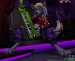 4_toes 5_fingers anthro claws clothed clothing collar digitigrade ear_piercing ear_ring feet female fingers green_hair grey_body hair keyboard_instrument keytar legwear looking_at_viewer machine musical_instrument piercing purple_clothing red_clothing ring_piercing smile solo spiked_collar spikes toes yellow_eyes flapcats five_nights_at_freddy's five_nights_at_freddy's:_security_breach scottgames steel_wool_studios roxanne_wolf roxanne_wolf_(mayosplash) animatronic canid canine canis mammal robot wolf 3d_(artwork) digital_media_(artwork) hi_res