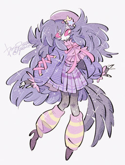 alternative_fashion anthro beak beret clothed clothing feathers hat headgear headwear tail tail_feathers yasutak1192 hellaverse helluva_boss octavia_(helluva_boss) avian avian_demon bird bird_demon demon owl owl_demon hi_res
