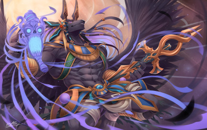 abs anthro biceps bottomwear clothing duo egyptian loincloth looking_at_viewer male muscular muscular_male pecs purple_eyes staff wings rabbity egyptian_mythology middle_eastern_mythology mythology puzzle_and_dragons anubis_(puzzle_and_dragons) anubian_jackal canid canine canis deity ghost jackal mammal spirit hi_res