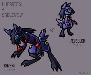 ambiguous_gender contextual_arrow directional_arrow gem sequential_arrow solo text pokebreeder fakemon nintendo pokemon canid canine generation_3_pokemon generation_4_pokemon hybrid lucario mammal pokemon_(species) riolu sableye species_name