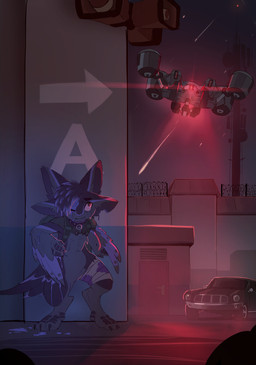 3_fingers 3_toes 4_ears anthro backpack bandage barbed_wire blood bodily_fluids building car claws collar detailed_background door feet fingers fur grey_body grey_fur half-closed_eyes loudspeaker machine male meteor_shower multi_ear narrowed_eyes purple_body purple_fur solo toe_claws toes vehicle wall_(structure) wounded frostynoten arc_raiders avali robot rocketeer_(arc_raiders) 2026 absurd_res hi_res