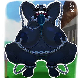 anthro anthrofied belly big_belly big_breasts big_butt big_eyes black_body bob-omb_battlefield bodily_fluids bound bracelet breasts butt chain chained collar crouching detailed_background drooling exposed_breasts female genitals huge_belly huge_breasts humanoidized jewelry long_tongue nipple_chain nipple_piercing nipples outside overweight overweight_female piercing saliva saliva_on_tongue sharp_teeth solo spiked_bracelet spiked_collar spikes spread_legs spreading squat_position squatting_pose teeth tongue vulva sczbunn mario_bros nintendo super_mario_64 gigi_(thecoatl034) chain_chomp humanoid digital_drawing_(artwork) digital_media_(artwork)