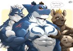 abs anthro biceps blush fur group male muscular muscular_male navel pecs scar teeth text naruever cyrus_(naruever) dwayne_(naruever) zack_(naruever) canid canine canis fish hyena mammal marine shark wolf english_text