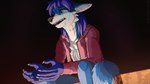 16:9 4k absurd_res anthro blue_body blue_eyes blue_fur bodily_fluids canid canine chest_fur clothing crying fox fur hi_res hoodie jf-049 john_frostfox looking_away male mammal melancholic night open_mouth outside sitting sky solo sweater tears topwear white_body white_fur widescreen