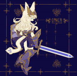 anthro armor blonde_hair clothed clothing dress female fur gauntlets gloves greaves hair handwear kemono long_hair melee_weapon shield snout solo sword text weapon white_body white_fur white_hair wings rye-beer mammal absurd_res english_text hi_res