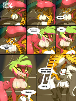 acrobatics all_fours angry anthro bent_over bikini bikini_bottom bikini_top breasts butt camel_toe clenched_teeth climbing climbing_on climbing_on_another clothing dialogue feet female female/female fingers fur group hair looking_back on_top_of red_sclera sitting sitting_on_another smile speech_bubble swimwear tail teeth text toes trio two-piece_swimsuit white_body white_fur bronybran dreamworks hazbin_hotel hellaverse helluva_boss kung_fu_panda mythology loona_(helluva_boss) master_tigress missi_zilla zeezi_(hazbin_hotel) canid canid_demon canine demon felid hellhound kaiju mammal mythological_canine mythological_creature pantherine tiger comic digital_media_(artwork) english_text hi_res