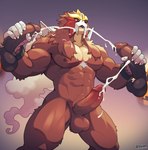 abs anthro arcanine balls barazoku biceps big_muscles big_pecs bodily_fluids brown_body brown_fur cuffs_(clothing) cum cumshot digital_media_(artwork) disembodied_penis ejaculating_on_another ejaculation entei fur generation_1_pokemon generation_2_pokemon generation_8_pokemon genital_fluids genitals glans hair hand_on_penis hands-free hi_res hisuian_arcanine hisuian_form humanoid_genitalia humanoid_penis legendary_pokemon looking_at_viewer male male/male mammal muscular muscular_anthro muscular_male nintendo nipples nude open_mouth pecs penis pokemon pokemon_(species) red_eyes regional_form_(pokemon) simple_background solo_focus voviat