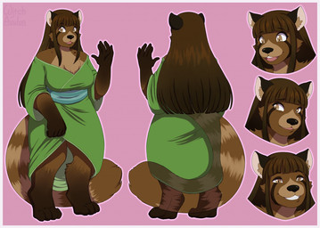 5_fingers anthro big_breasts breasts brown_body brown_fur brown_hair chest_tuft clothing digitigrade female fingers fur gloves_(marking) green_clothing hair leg_markings looking_aside looking_at_viewer markings open_mouth simple_background slightly_chubby smile socks_(marking) solo standing tail tuft witchofavalon akari_sasaki canid canine mammal raccoon_dog tanuki 2019 digital_media_(artwork) model_sheet