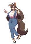 anthro big_breasts blush breasts brown_hair clenched_teeth clothing feet female footwear gesture hair hand_gesture huge_breasts long_hair looking_at_viewer sandals shoes smile solo standing suspenders teeth v_sign komenuka_inaho mohuko_(komenuka_inaho) canid canine canis domestic_dog mammal full-length_portrait portrait