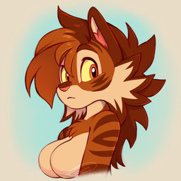 anthro bangs big_breasts blue_background breasts brown_body brown_fur cheek_tuft chest_tuft countershading facial_tuft female frown fur gradient_background hair long_hair looking_at_viewer mane mane_hair messy_hair orange_eyes pink_nose simple_background solo striped_body striped_fur stripes tan_body tan_countershading tuft white_background yellow_sclera evaatheria evaatira felid mammal pantherine tiger 1:1 half-length_portrait hi_res portrait