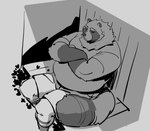 anthro belly big_belly bottomwear clothing eyes_closed male overweight overweight_male shirt shorts sitting solo topwear cyanroll kuon_(cyanroll) canid canine mammal raccoon_dog tanuki 2022 monochrome