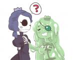 anterior_nasal_aperture blue_hair blush bodily_fluids bone breasts clothing crown dress drooling duo eye_patch eyewear female hair headgear not_furry princess question_mark royalty saliva simple_background skeleton skull slime white_background inkerton-kun towergirls skeleton_princess slime_princess_(towergirls) animated_skeleton goo_creature undead