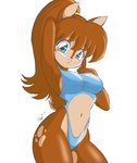 anthro belly_cutout blue_eyes brown_body brown_fur clothing crop_top cutout female fur hair hand_behind_head hand_on_chest looking_at_viewer markings navel one-piece_swimsuit ponytail seductive shirt simple_background solo swimwear tan_markings topwear white_background unknown_artist nidea_(akubon) deer mammal hi_res