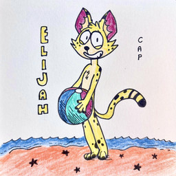 anthro ball beach beach_ball biped chest_tuft countershade_face countershade_torso countershading covering covering_crotch covering_self embarrassed fur grin inflatable inner_ear_fluff looking_at_viewer male nude_anthro nude_male outdoor_nudity outside sea seaside skinny smile solo standing tail text tuft water yellow_body yellow_fur captoons elijah_(squibbleink) felid feline mammal serval 1:1 2025 character_name english_description hi_res traditional_media_(artwork)