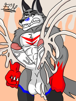 2_penises balls big_balls big_penis bodily_fluids cum cum_expulsion duke_wolf genital_fluids genitals humanoid_genitalia humanoid_penis male masturbation multi_genitalia multi_penis penis solo furrito_calientehot canid canine canis humanoid mammal wolf 3:4 absurd_res hi_res